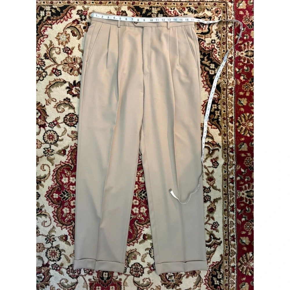 Tasso Elba Wool Dress Pants Mens 35x31 Beige Pleated Cuffed